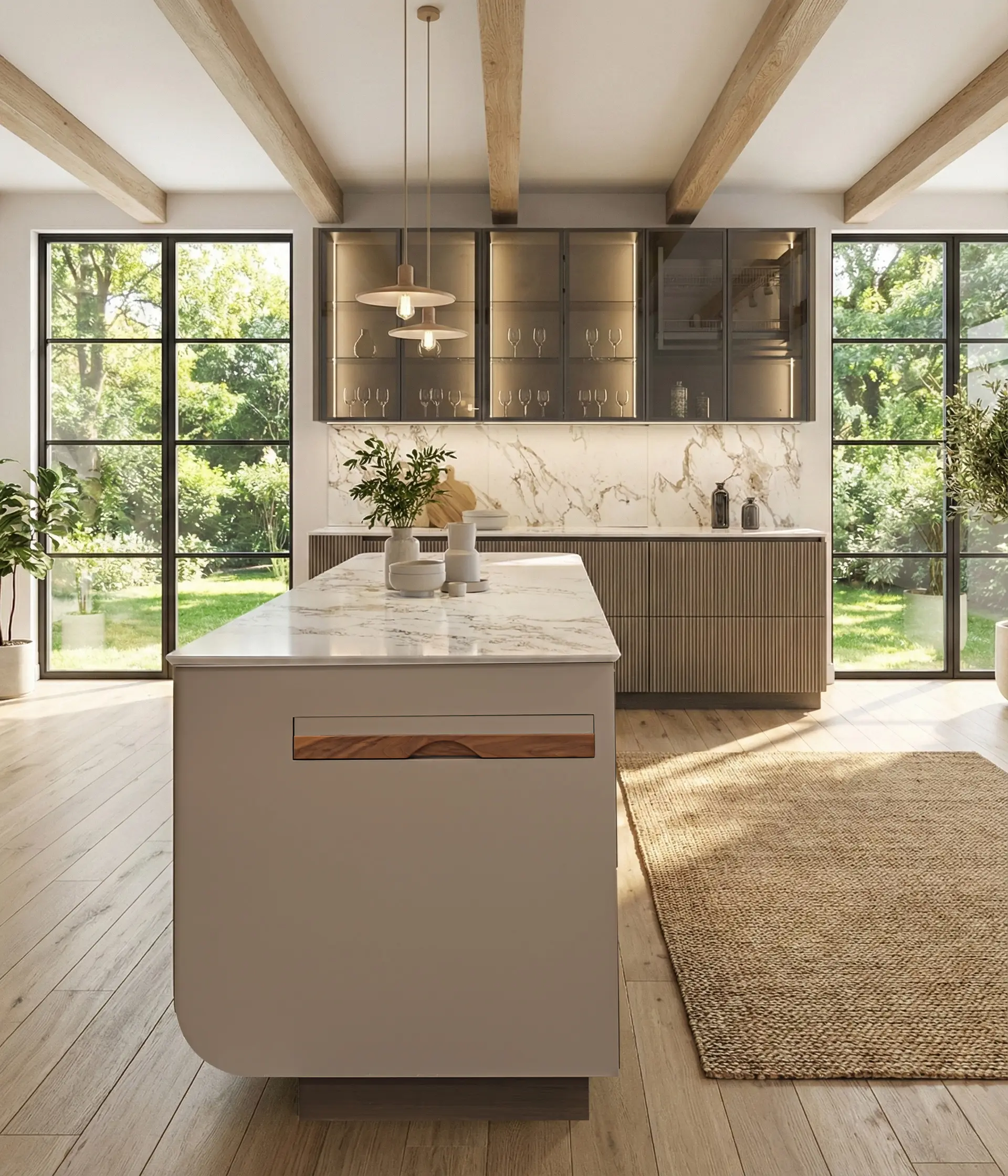 Goater 世代全齡宜居廚房 Generations System Kitchen 整體空間展示，結合溫潤實木面板與圓弧安全導角設計，榮獲 2024 IDA 設計銅獎。