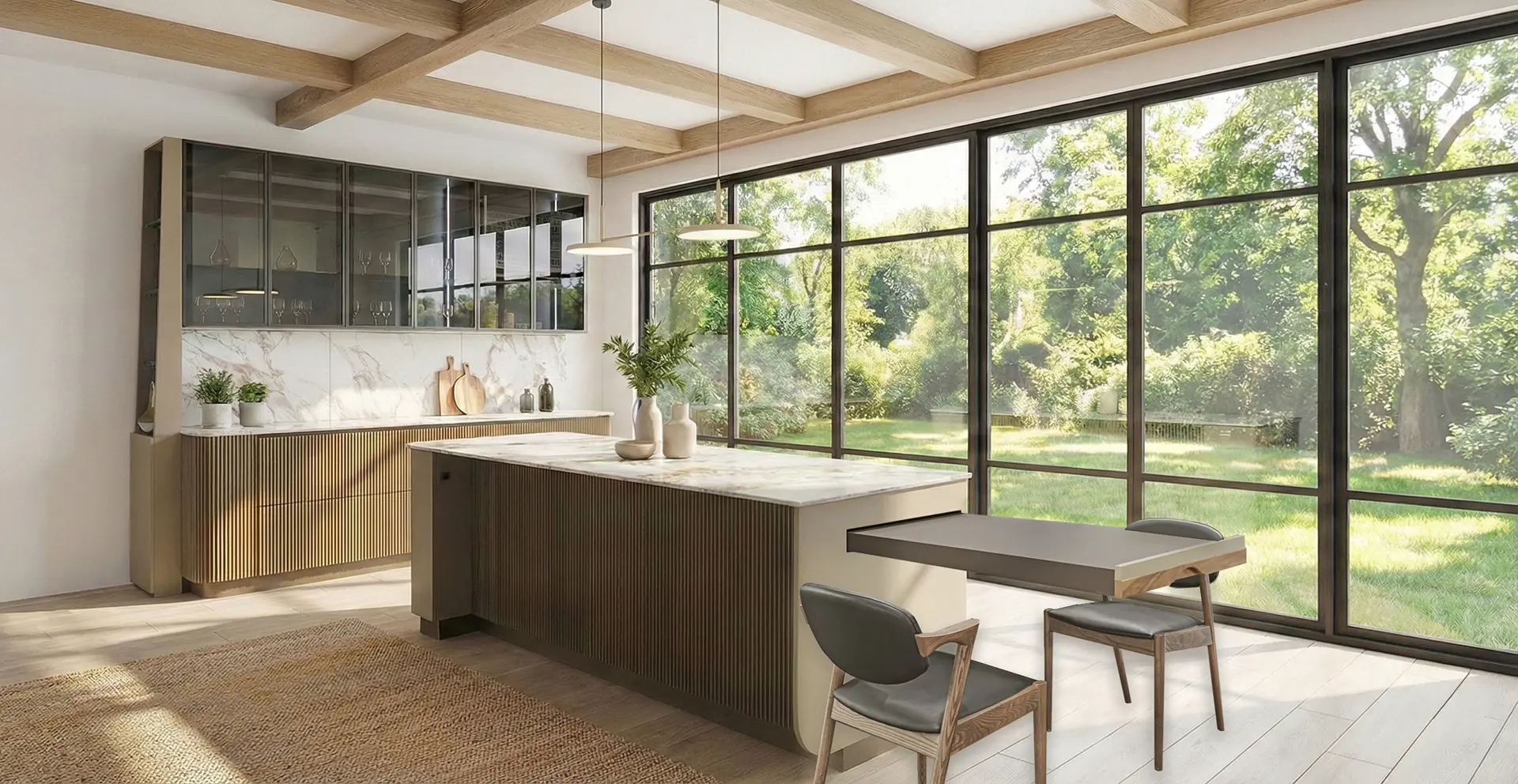 核心亮點在於中島尾端的「延伸桌」，平日隱於無形維持動線留白，聚會時可輕易拉出擴充檯面，完美演繹空間的機動性。