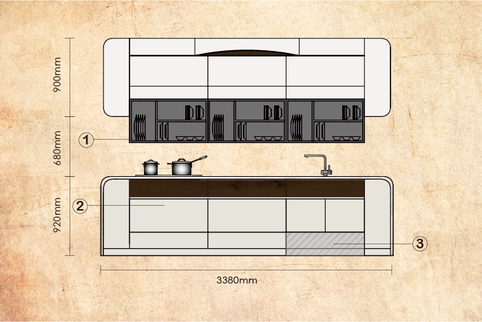 廚房吊櫃配置電動升降碗盤櫃,輕拍底部即可自動緩降,解決高處取物困難,提升廚房收納便利性 。