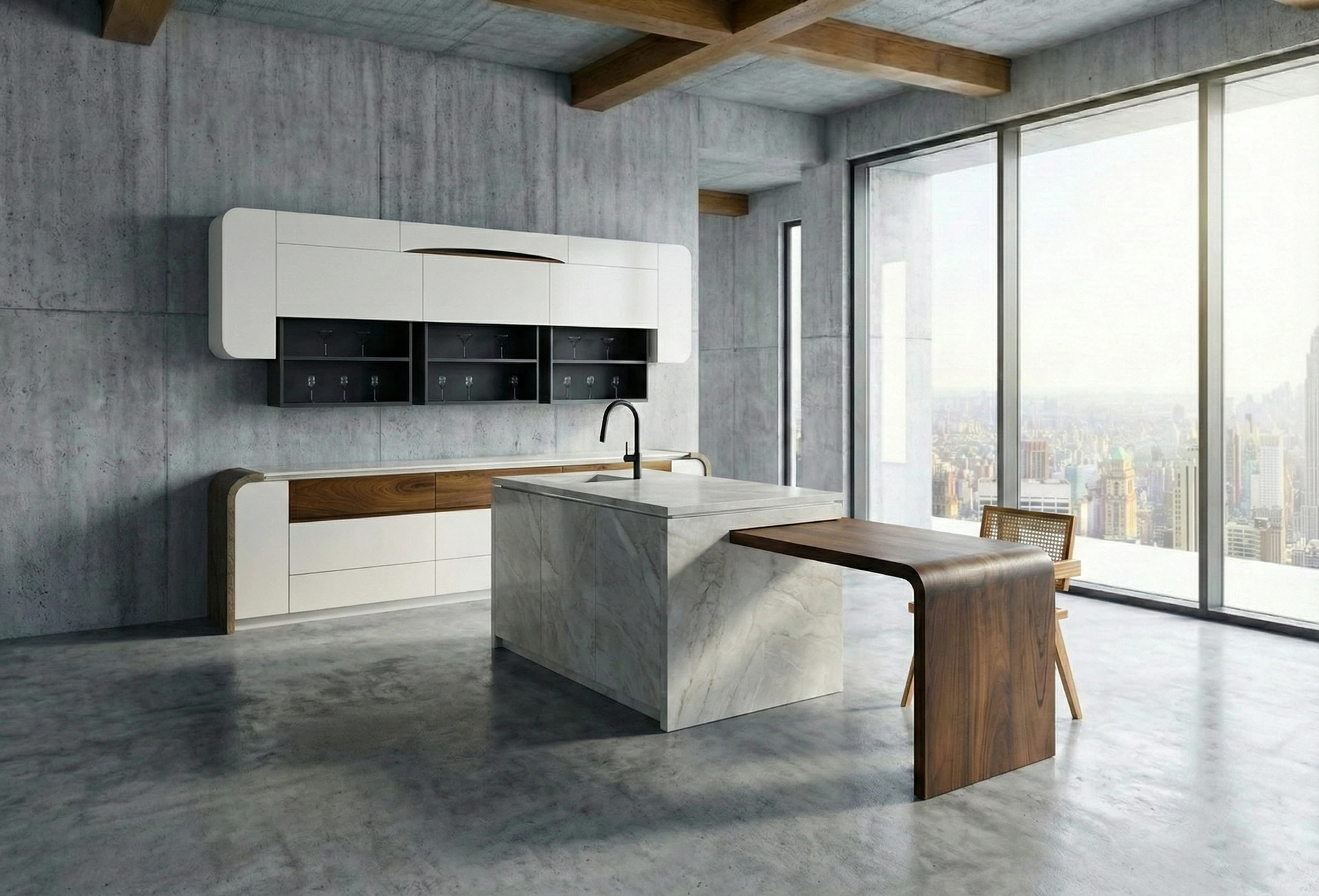 結合船舷與甲板意象的廚房中島設計,配置多功能旋轉餐桌,可依人數需求切換 1 至 4 人用餐模式,兼具實用與空間彈性 。